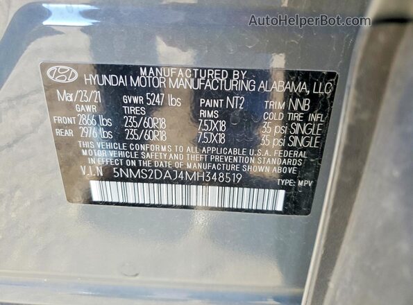 5NMS2DAJ4MH348519 2021 HYUNDAI SANTA Gray VIN კოდის სტიკერის ხედი
