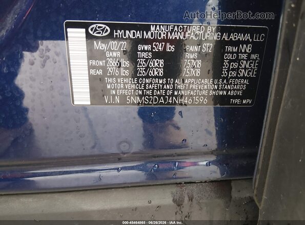 5NMS2DAJ4NH461596 2022 HYUNDAI SANTA FE Blue Widok komory silnika
