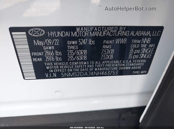 5NMS2DAJ4NH463753 2022 HYUNDAI SANTA FE White Շարժիչի բաժամունքի տեսք