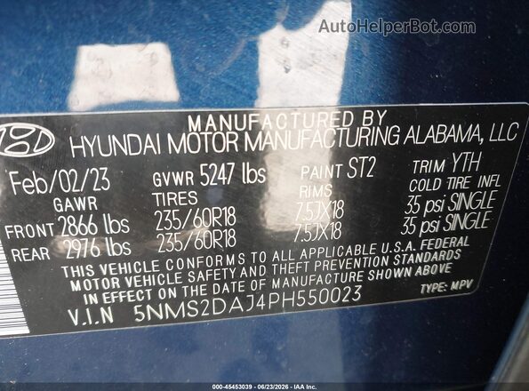 5NMS2DAJ4PH550023 2023 HYUNDAI SANTA FE Blue Vista del compartimento del motor