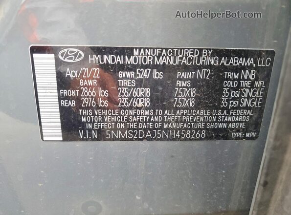 5NMS2DAJ5NH458268 2022 HYUNDAI SANTA Серебряный Вид наклейки с VIN-кодом