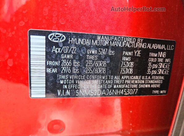 5NMS2DAJ6NH453077 2022 HYUNDAI SANTA Red 