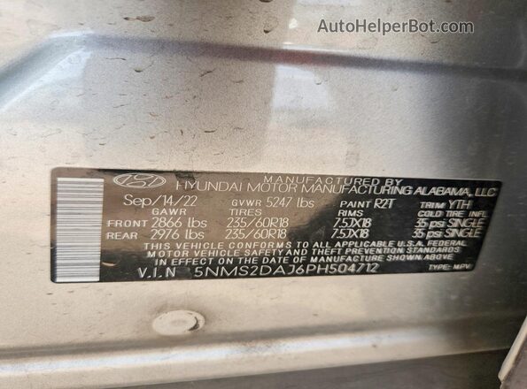 5NMS2DAJ6PH504712 2023 HYUNDAI SANTA Silver Vista de la etiqueta del VIN
