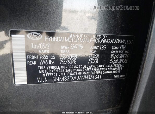 5NMS2DAJ7NH374341 2022 HYUNDAI SANTA FE Серый Вид подкапотного пространства