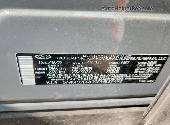 5NMS2DAJ7PH537492 2023 HYUNDAI SANTA Gray VIN sticker view