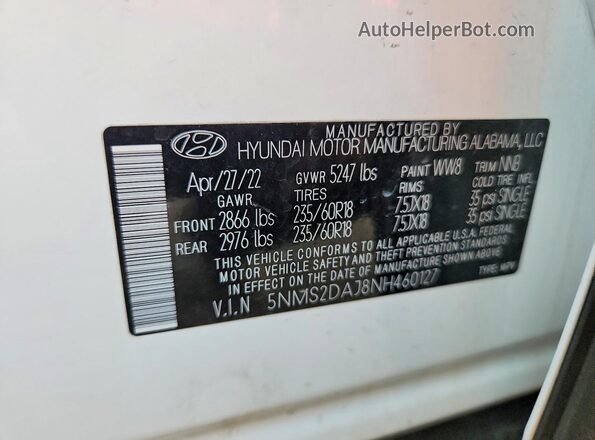 5NMS2DAJ8NH460127 2022 HYUNDAI SANTA White Вид наклейки з VIN-кодом
