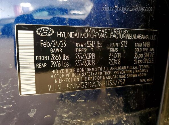 5NMS2DAJ8PH557752 2023 HYUNDAI SANTA Blue VIN კოდის სტიკერის ხედი
