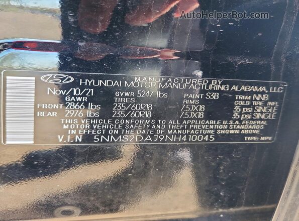 5NMS2DAJ9NH410045 2022 HYUNDAI SANTA Black VIN კოდის სტიკერის ხედი