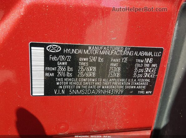 5NMS2DAJ9NH431929 2022 HYUNDAI SANTA FE Red Вид підкапотного простору