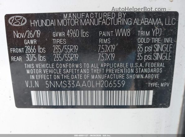 5NMS33AA0LH206559 2020 HYUNDAI SANTA FE White Widok komory silnika