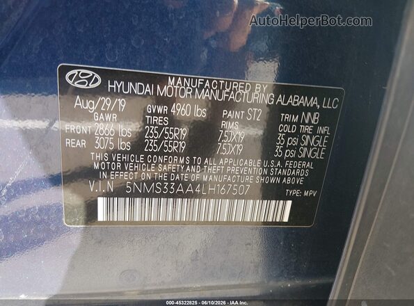 5NMS33AA4LH167507 2020 HYUNDAI SANTA FE Blue Vista del compartimento del motor