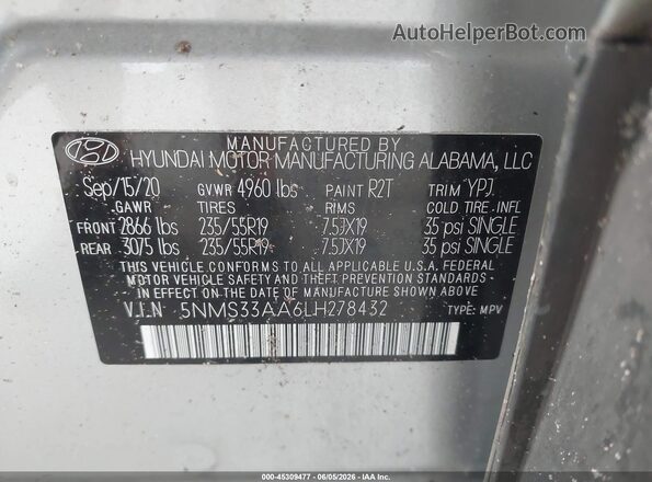 5NMS33AA6LH278432 2020 HYUNDAI SANTA FE Серебряный Вид подкапотного пространства