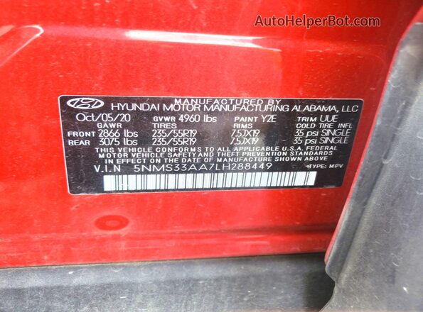 5NMS33AA7LH288449 2020 HYUNDAI SANTA Red სალონის 360-გრადუსიანი ხედი