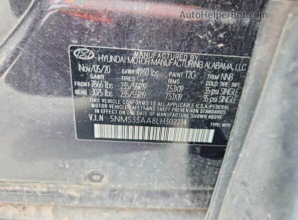 5NMS33AA8LH302214 2020 HYUNDAI SANTA Gray Vista de la etiqueta del VIN