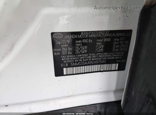 5NMS33AA9LH177580 2020 HYUNDAI SANTA FE White Vista del compartimento del motor