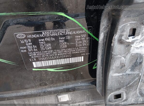5NMS33AAXLH144412 2020 HYUNDAI SANTA FE Черный Вид подкапотного пространства