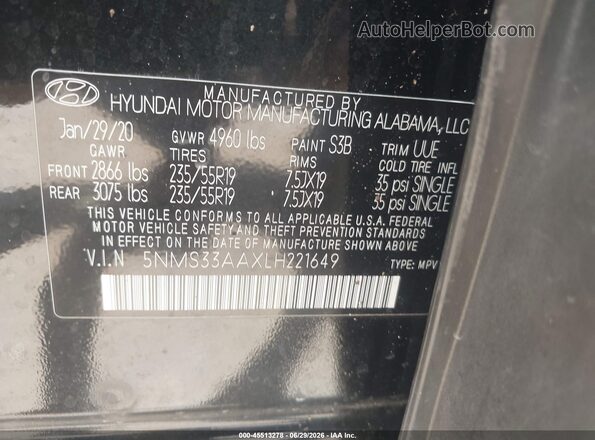 5NMS33AAXLH221649 2020 HYUNDAI SANTA FE Black Вид підкапотного простору
