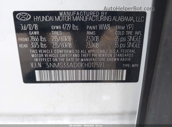 5NMS33AD0KH012591 2019 HYUNDAI SANTA FE White Engine compartment view