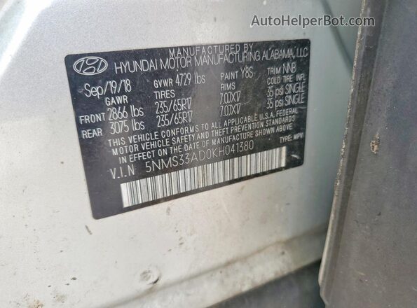5NMS33AD0KH041380 2019 HYUNDAI SANTA Silver Vista de la etiqueta del VIN