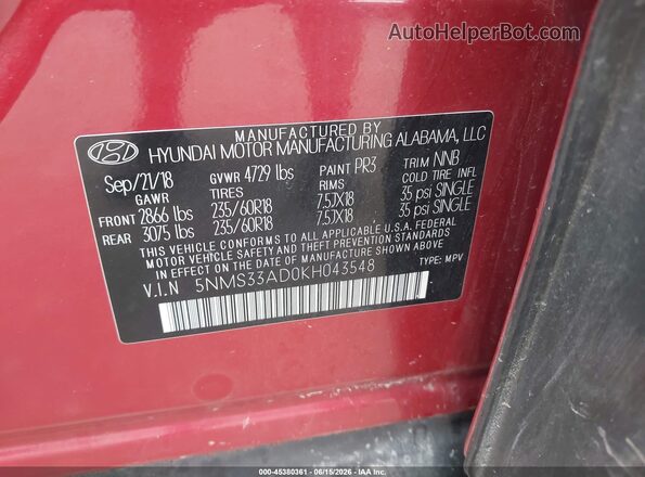 5NMS33AD0KH043548 2019 HYUNDAI SANTA FE Red Widok komory silnika
