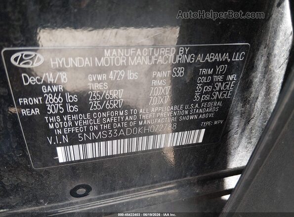5NMS33AD0KH072788 2019 HYUNDAI SANTA FE Black Vista del compartimento del motor