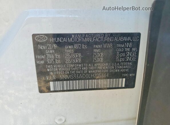 5NMS33AD0LH205664 2020 HYUNDAI SANTA White Widok komory silnika