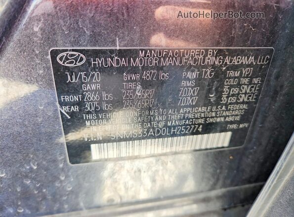 5NMS33AD0LH252774 2020 HYUNDAI SANTA Black Вид наклейки з VIN-кодом