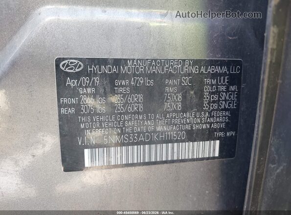 5NMS33AD1KH111520 2019 HYUNDAI SANTA FE Gray Vista del compartimento del motor