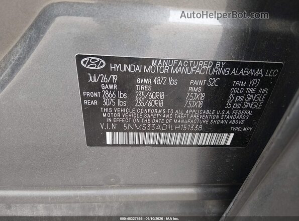 5NMS33AD1LH151338 2020 HYUNDAI SANTA FE Gray Engine compartment view
