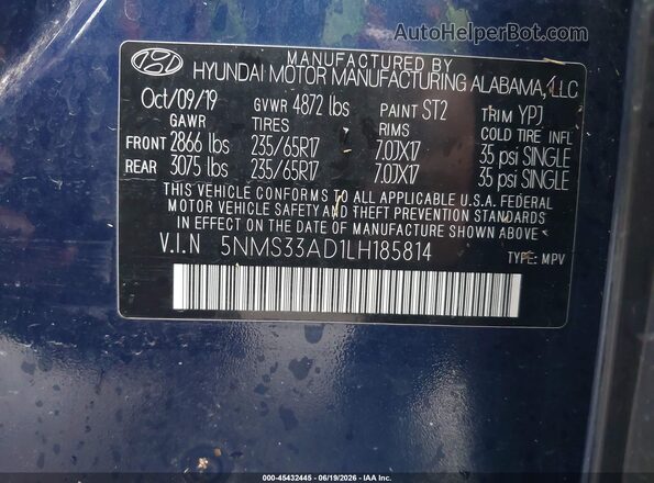 5NMS33AD1LH185814 2020 HYUNDAI SANTA FE Dark Blue Вид подкапотного пространства