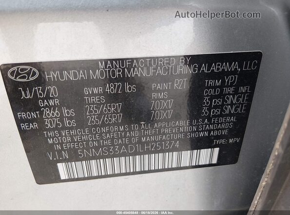 5NMS33AD1LH251374 2020 HYUNDAI SANTA FE Silver Widok komory silnika
