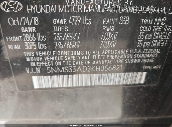 5NMS33AD2KH056821 2019 HYUNDAI SANTA FE Black Vista del compartimento del motor