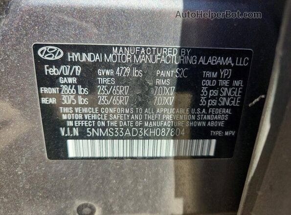 5NMS33AD3KH087804 2019 HYUNDAI SANTA Серый Панорамный вид салона 360°