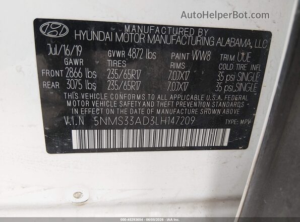 5NMS33AD3LH147209 2020 HYUNDAI SANTA FE White Vista del compartimento del motor