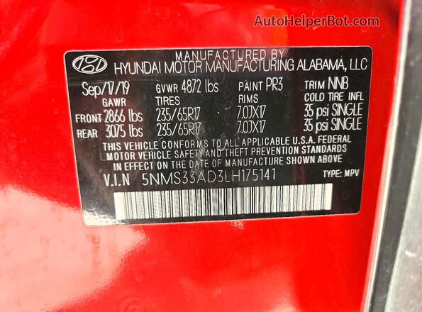 5NMS33AD3LH175141 2020 HYUNDAI SANTA Red 