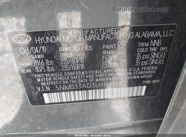 5NMS33AD3LH184194 2020 HYUNDAI SANTA FE Gray Вид підкапотного простору