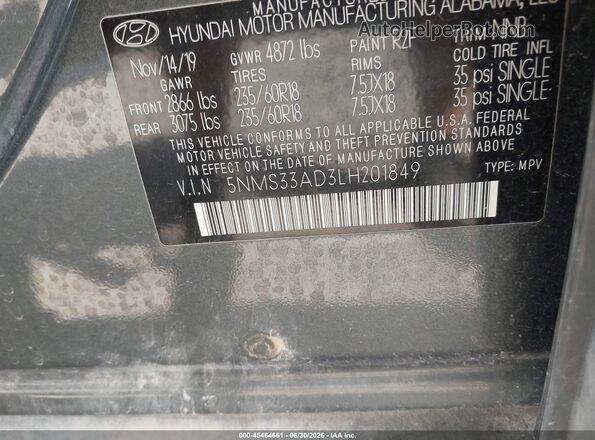 5NMS33AD3LH201849 2020 HYUNDAI SANTA FE Gray Вид підкапотного простору