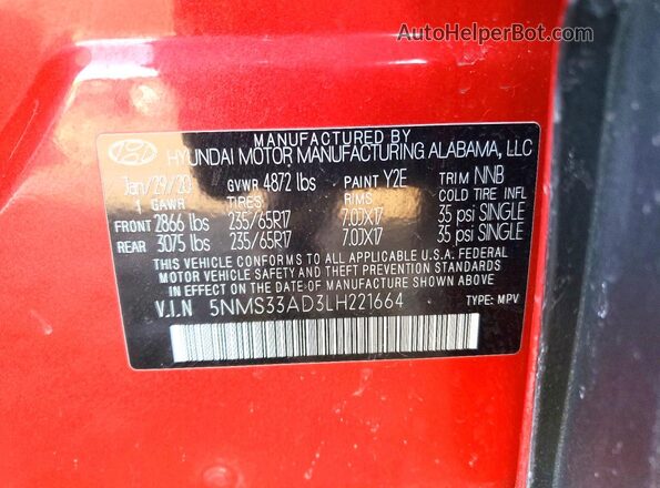 5NMS33AD3LH221664 2020 HYUNDAI SANTA Red Widok komory silnika