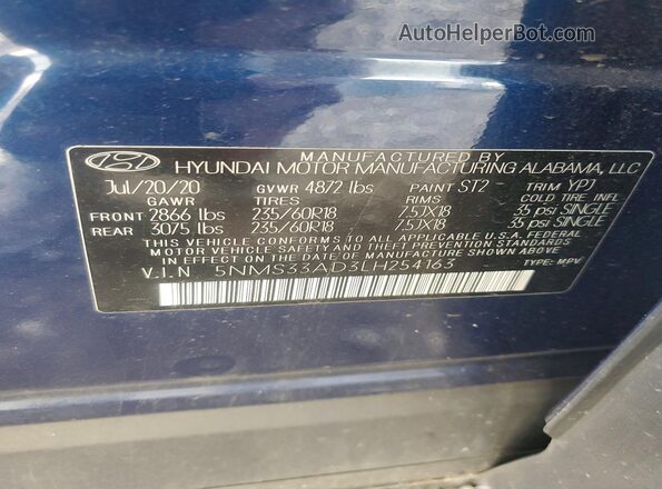 5NMS33AD3LH254163 2020 HYUNDAI SANTA Blue Vista interior de 360 grados