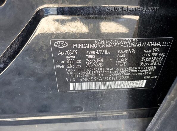 5NMS33AD4KH110989 2019 HYUNDAI SANTA Black Widok wnętrza 360 stopni