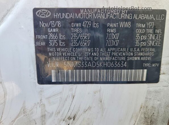 5NMS33AD5KH063634 2019 HYUNDAI SANTA White Панорамний вид салону 360°
