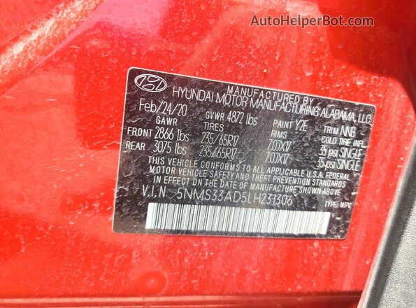 5NMS33AD5LH231306 2020 HYUNDAI SANTA Red 