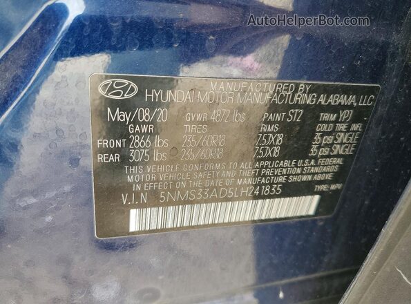 5NMS33AD5LH241835 2020 HYUNDAI SANTA Синий 
