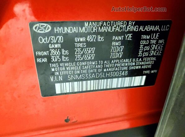 5NMS33AD5LH300348 2020 HYUNDAI SANTA Red Vista de la etiqueta del VIN