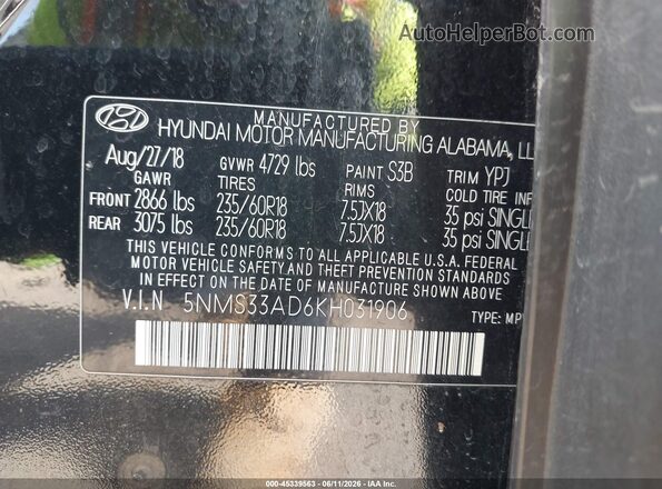 5NMS33AD6KH031906 2019 HYUNDAI SANTA FE Black Вид підкапотного простору