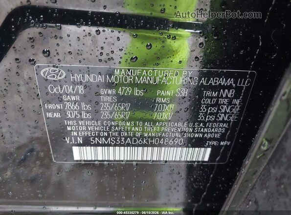 5NMS33AD6KH048690 2019 HYUNDAI SANTA FE Black ძრავის განყოფილების ხედი