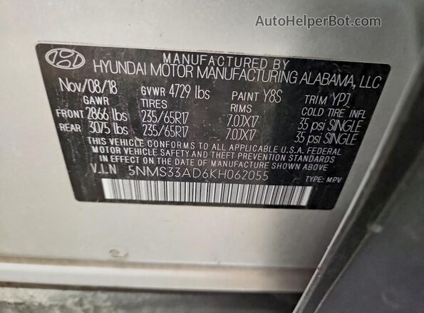 5NMS33AD6KH062055 2019 HYUNDAI SANTA Серебряный Вид наклейки с VIN-кодом