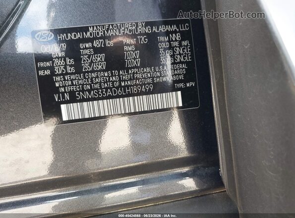 5NMS33AD6LH189499 2020 HYUNDAI SANTA FE Gray Vista del compartimento del motor