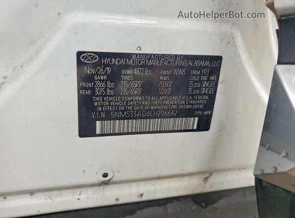5NMS33AD6LH206642 2020 HYUNDAI SANTA White 