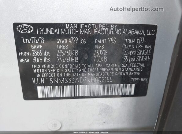 5NMS33AD7KH002155 2019 HYUNDAI SANTA FE Silver ძრავის განყოფილების ხედი